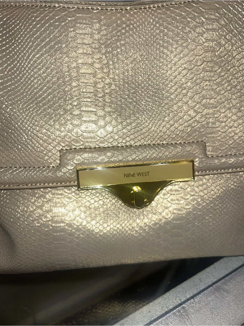 Nine West Metallic Champagne Snake-Embossed Shoulder Bag with Gold Hardware